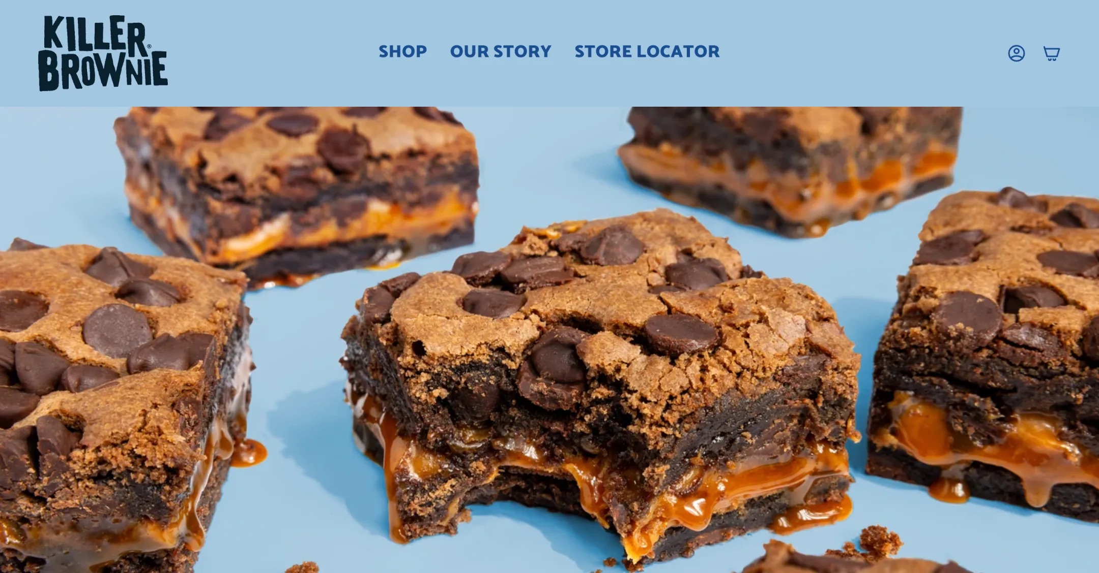 Killer Brownie storefront hero showing caramel-stuffed triple chocolate brownies on a light blue background